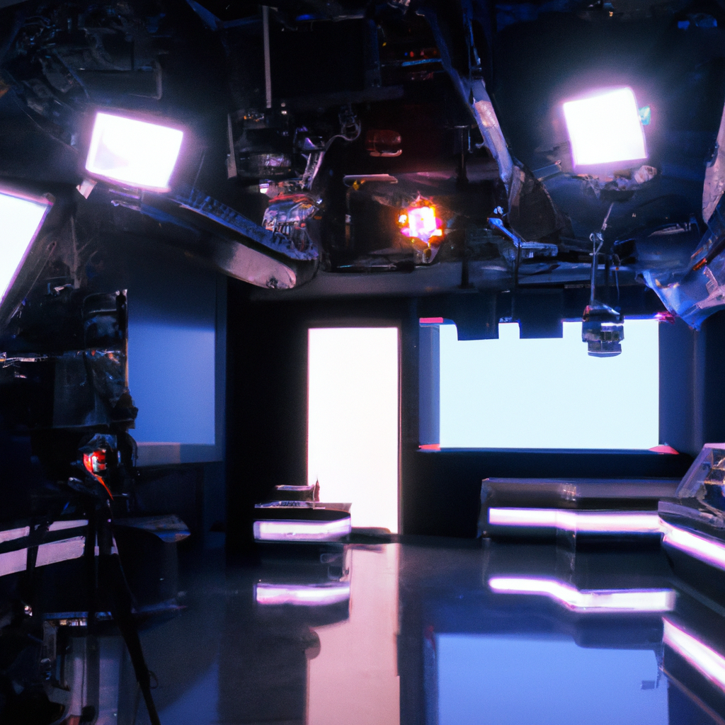 Minimalist, broadcast-grade news studio in Toronto with soft key lighting and reflective acoustic panels